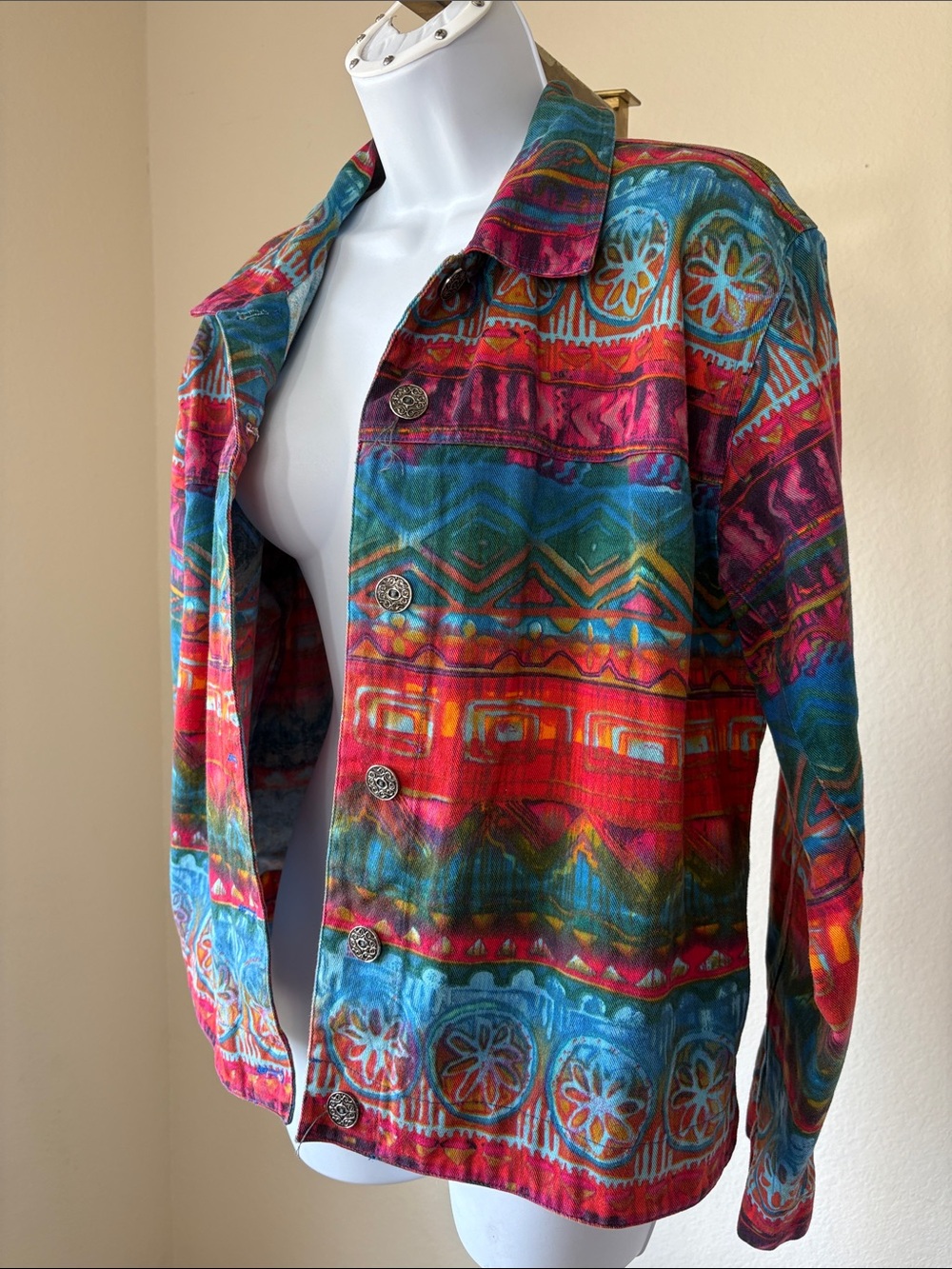 Chico's Multicolor Tribal-Print Jean Jacket - Red, Blue, Green, Pink - Picture 7 of 7